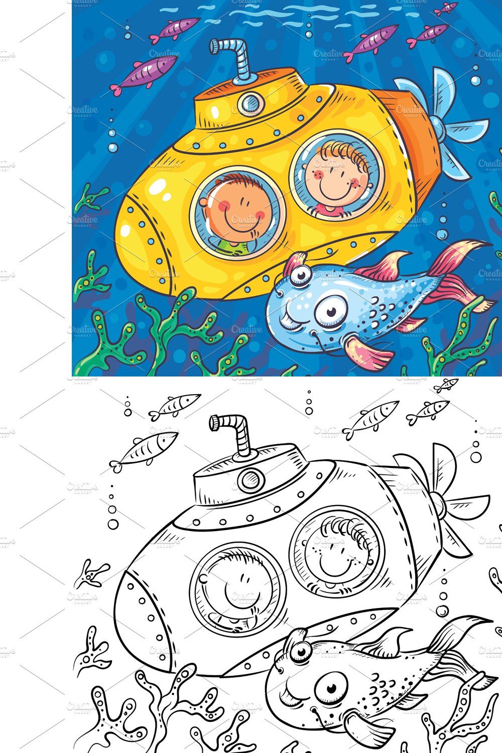 Cartoon children in a submarine pinterest preview image.