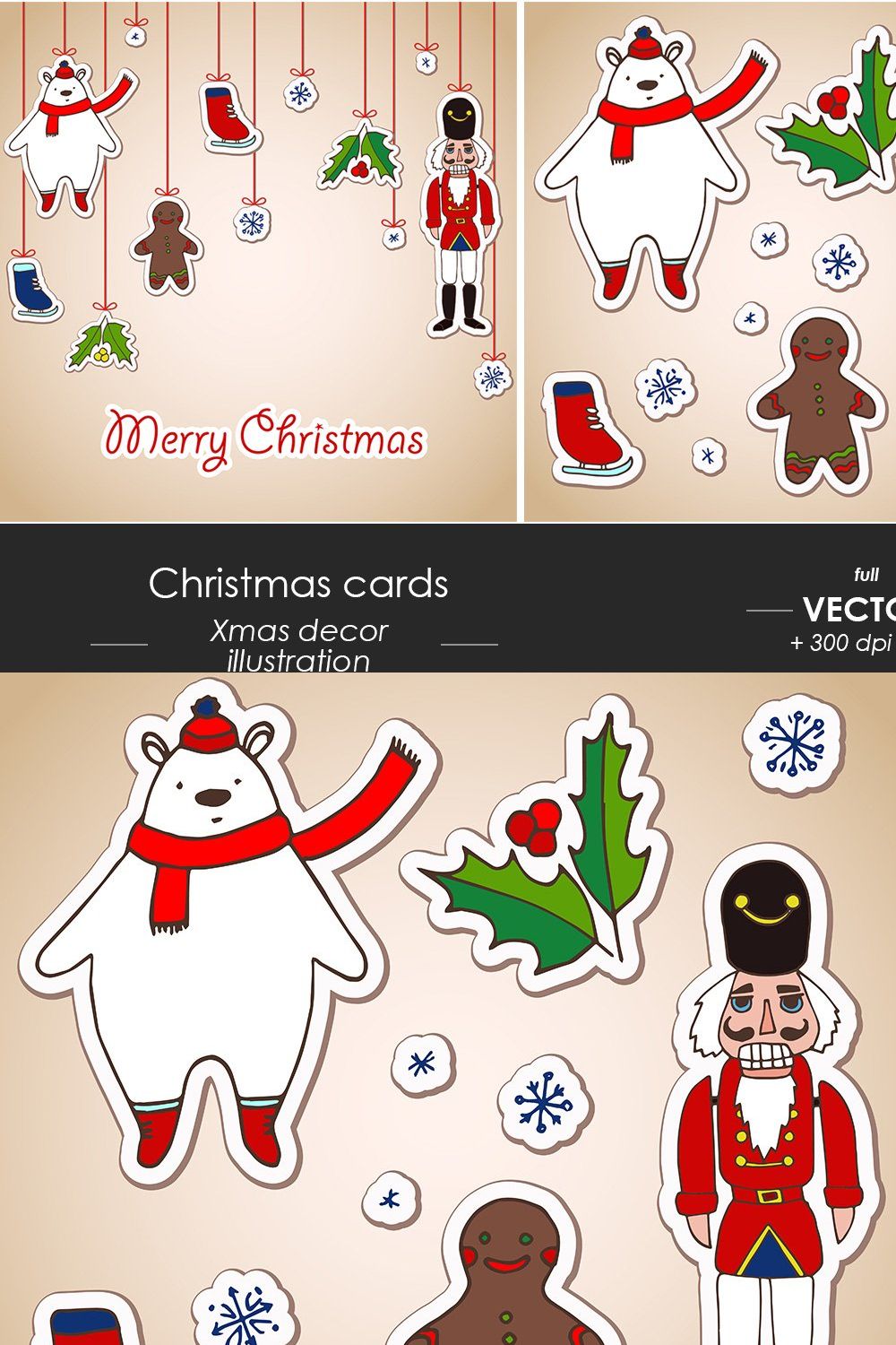Christmas cards set, vector sketch pinterest preview image.