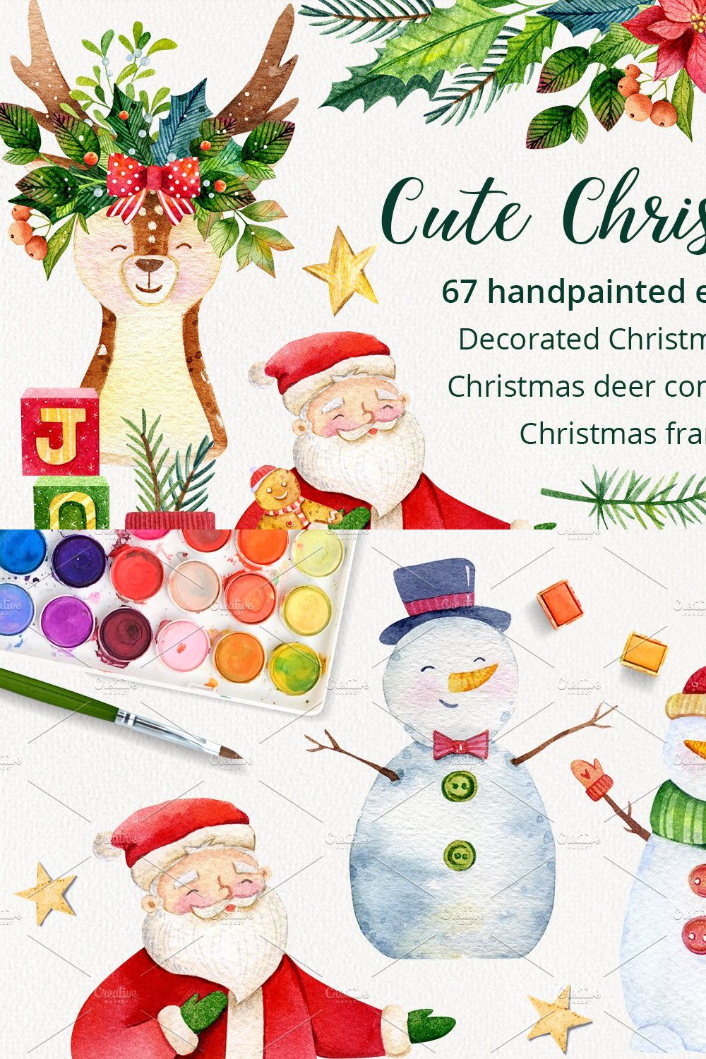 Classic Watercolor Christmas Clipart pinterest preview image.
