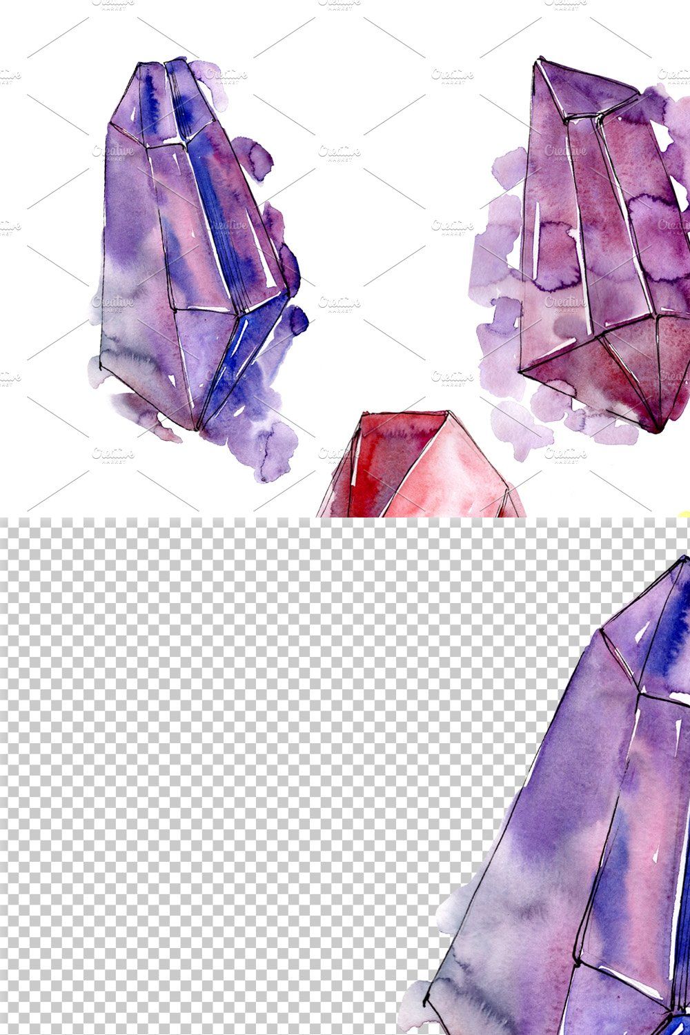 Colorful crystals PNG watercolor set pinterest preview image.