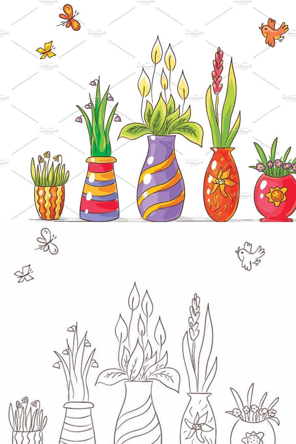 Colorful Vases with Flowers in a Row pinterest preview image.