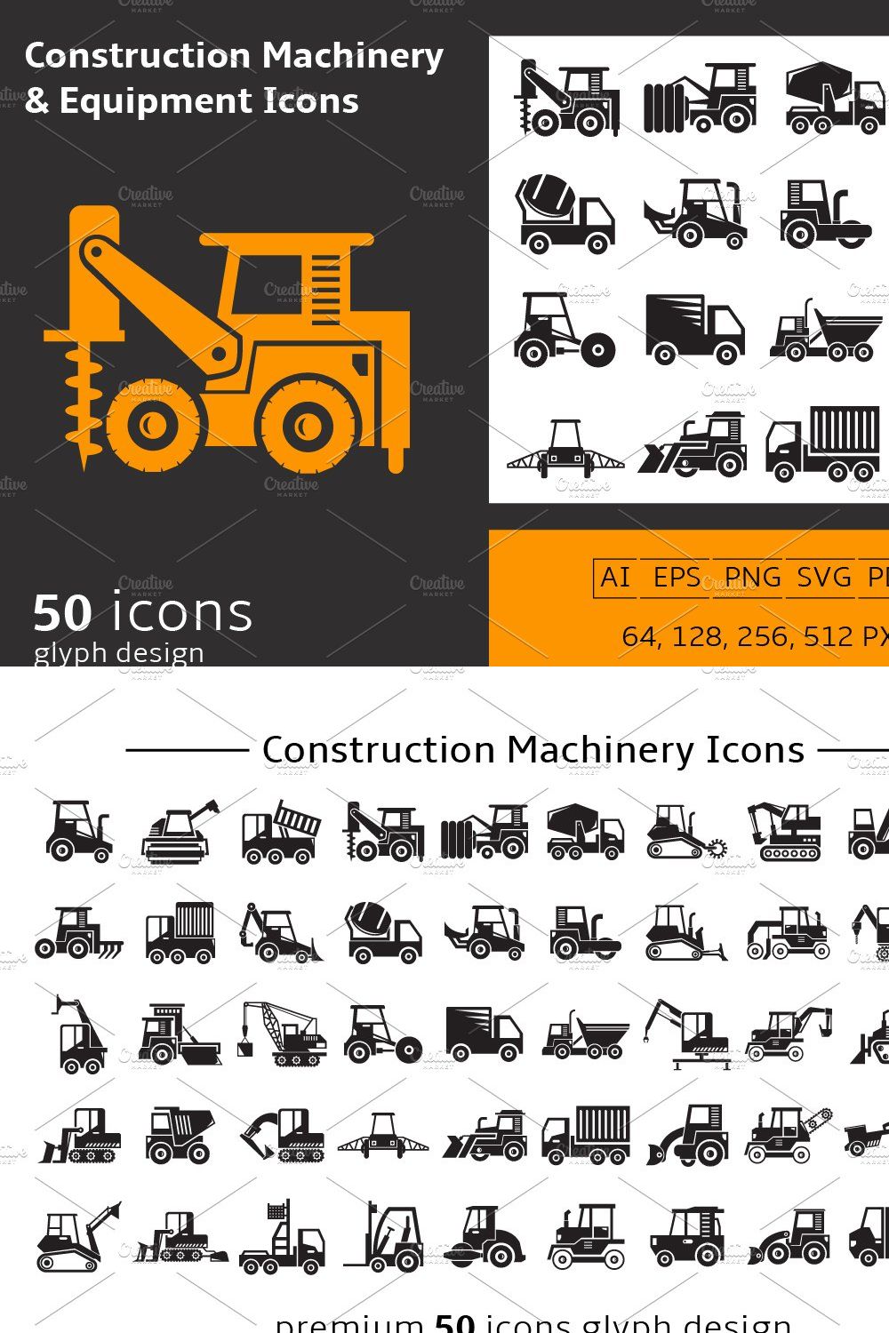 Construction Machine Equipment Icons pinterest preview image.