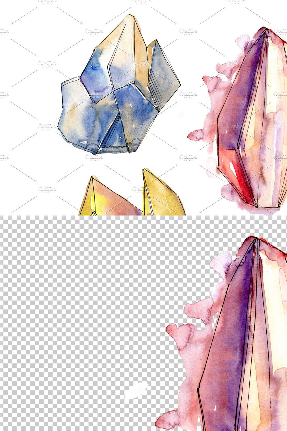 Cool crystals PNG watercolor set pinterest preview image.