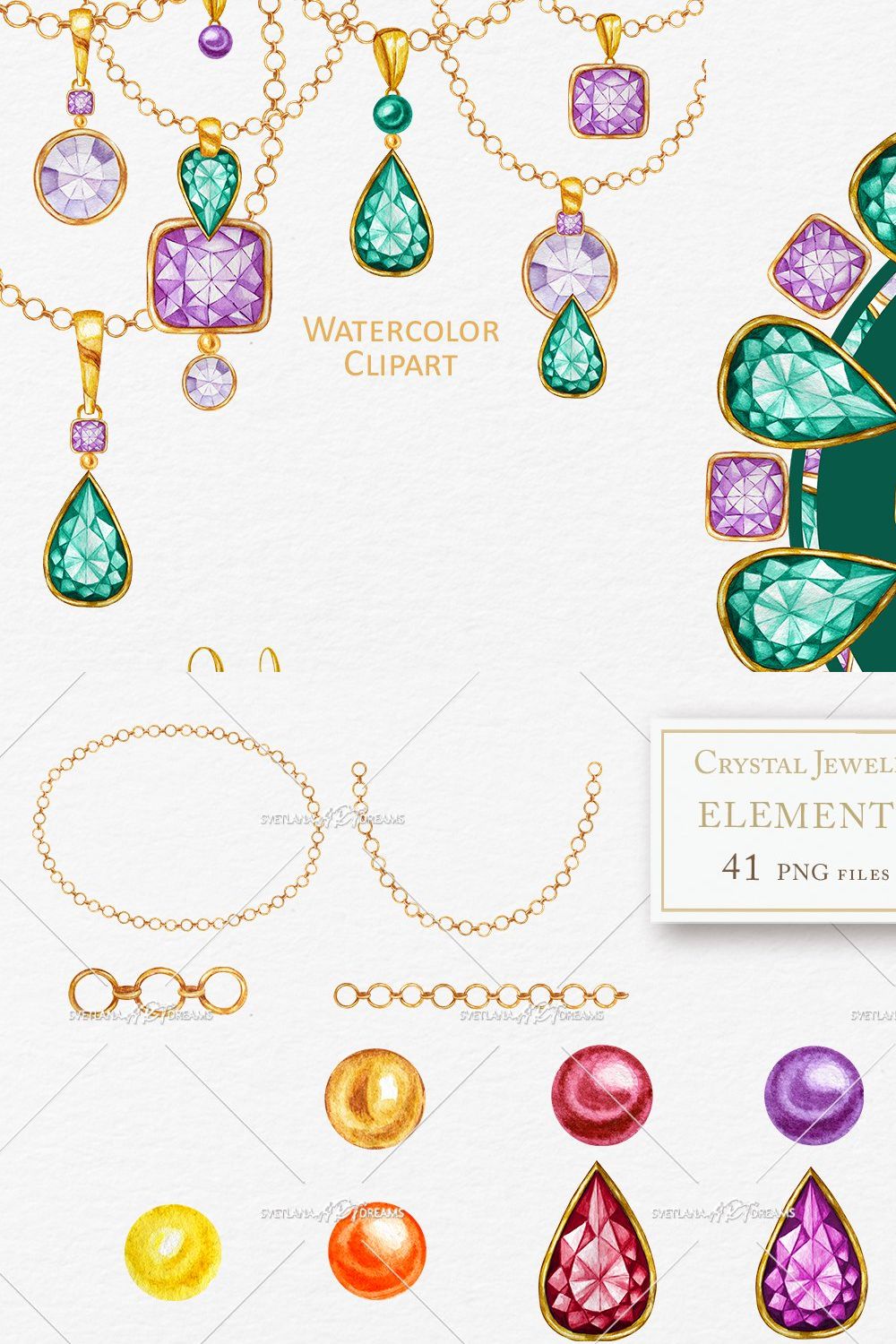 Crystal gold Jewelry Watercolor pinterest preview image.