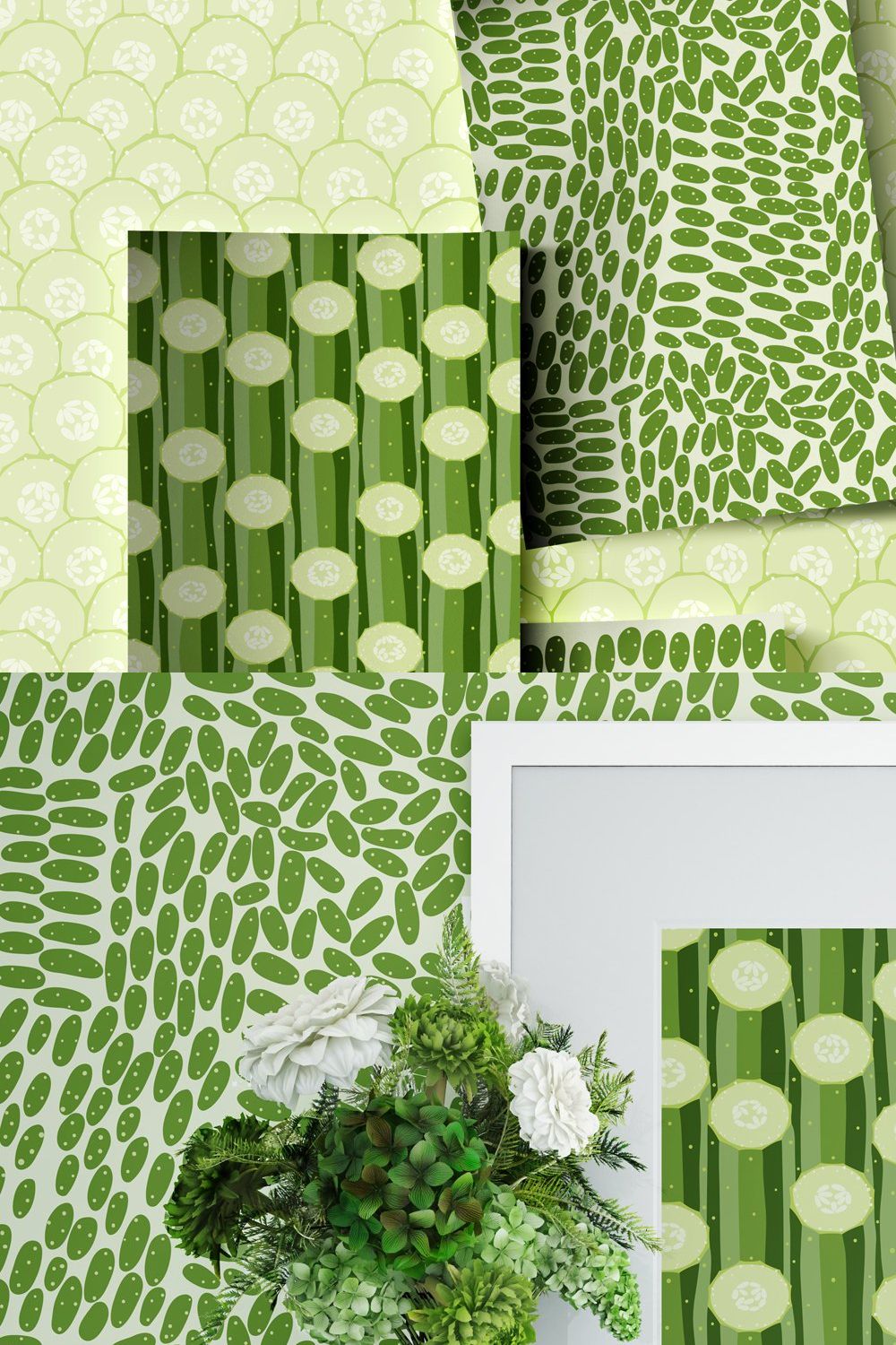 Cucumbers, 6 seamless patterns pinterest preview image.