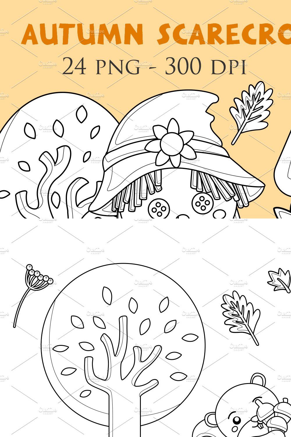 Cute Autumn Scarecrow Digital Stamp pinterest preview image.