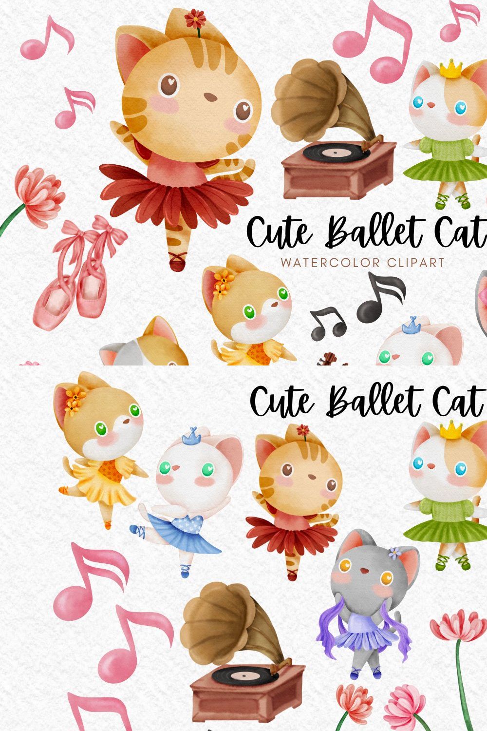 Cute Ballet Cat watercolor clipart pinterest preview image.