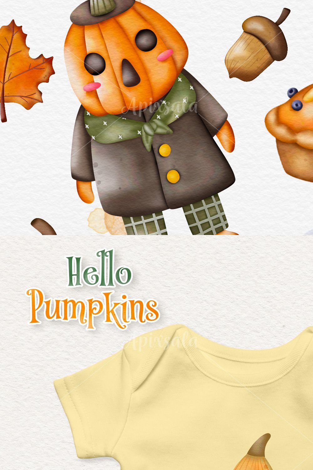 Cute Pumpkin Boy & Girl Watercolor pinterest preview image.