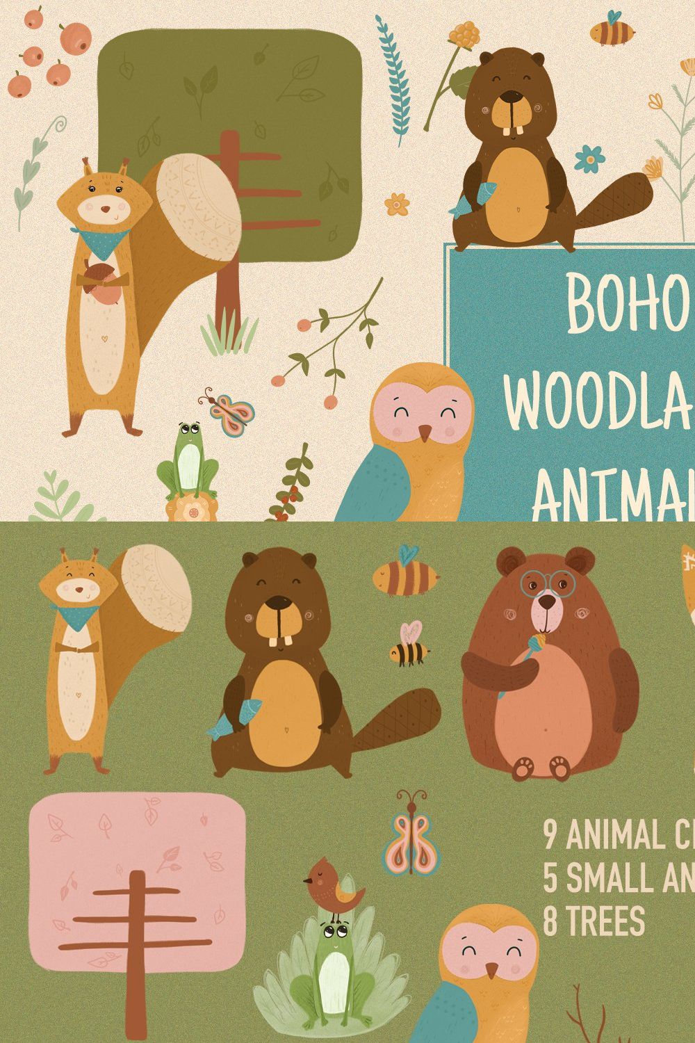 Cute Woodland Animals and Plants pinterest preview image.