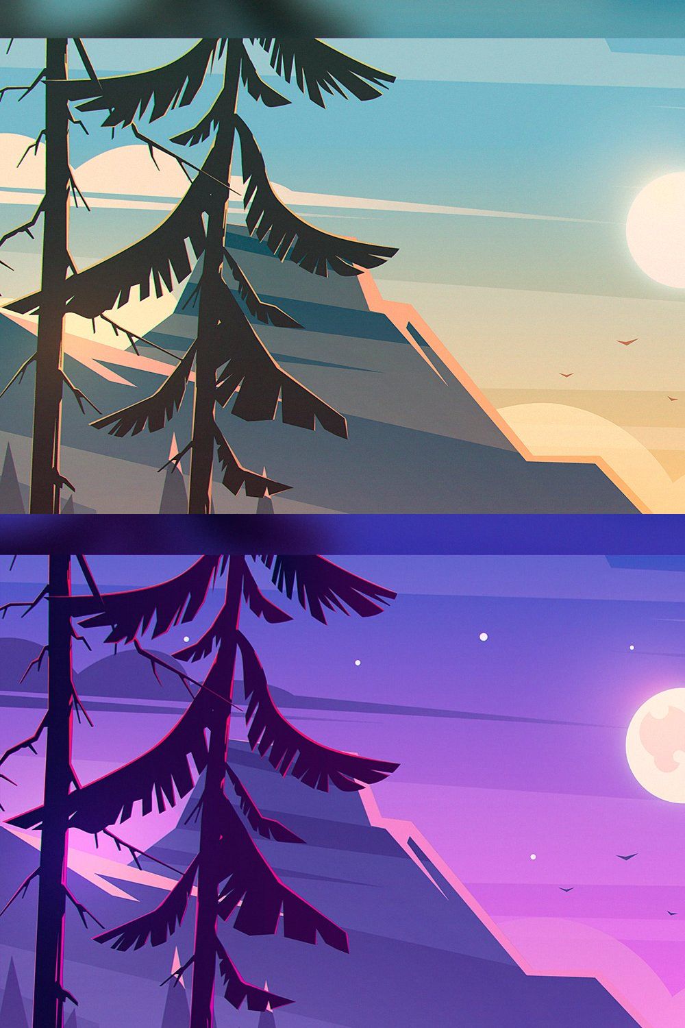 Day and night mountain river pinterest preview image.