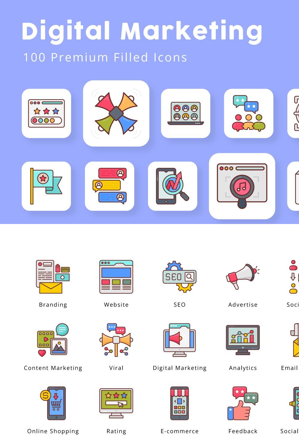 Digital Marketing Filled Icons pinterest preview image.