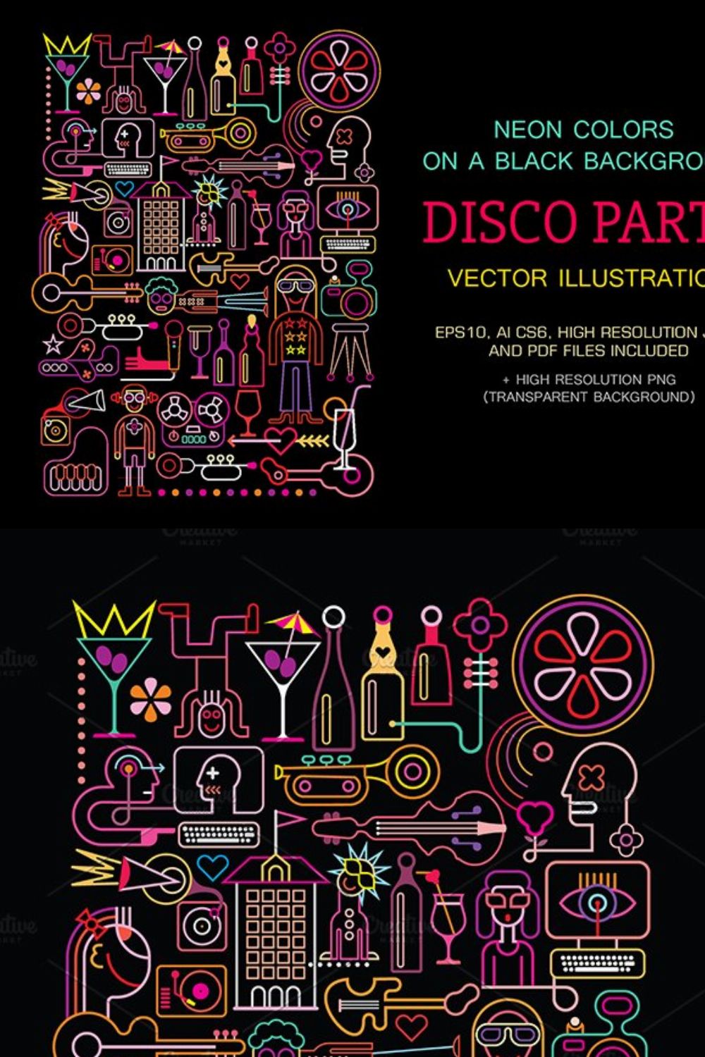 Disco Party Neon vector pinterest preview image.