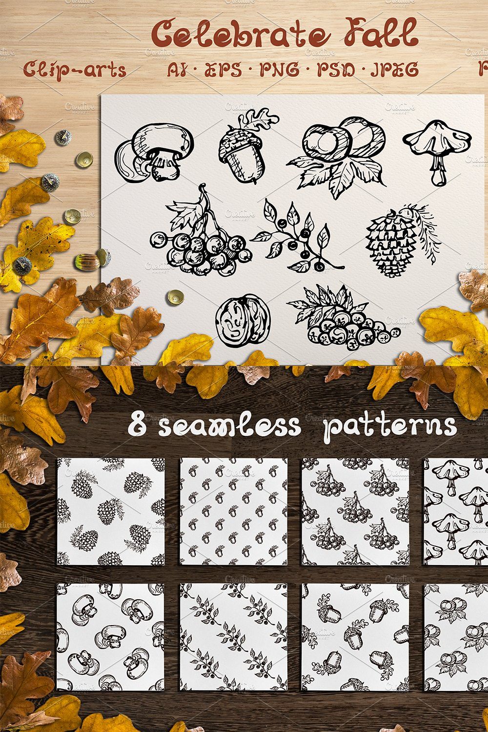 Fall elements, cards and patterns pinterest preview image.