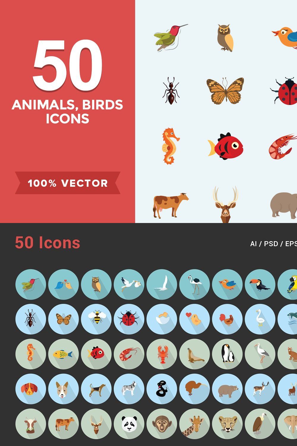 Flat Icons Animals, Birds & Insects pinterest preview image.