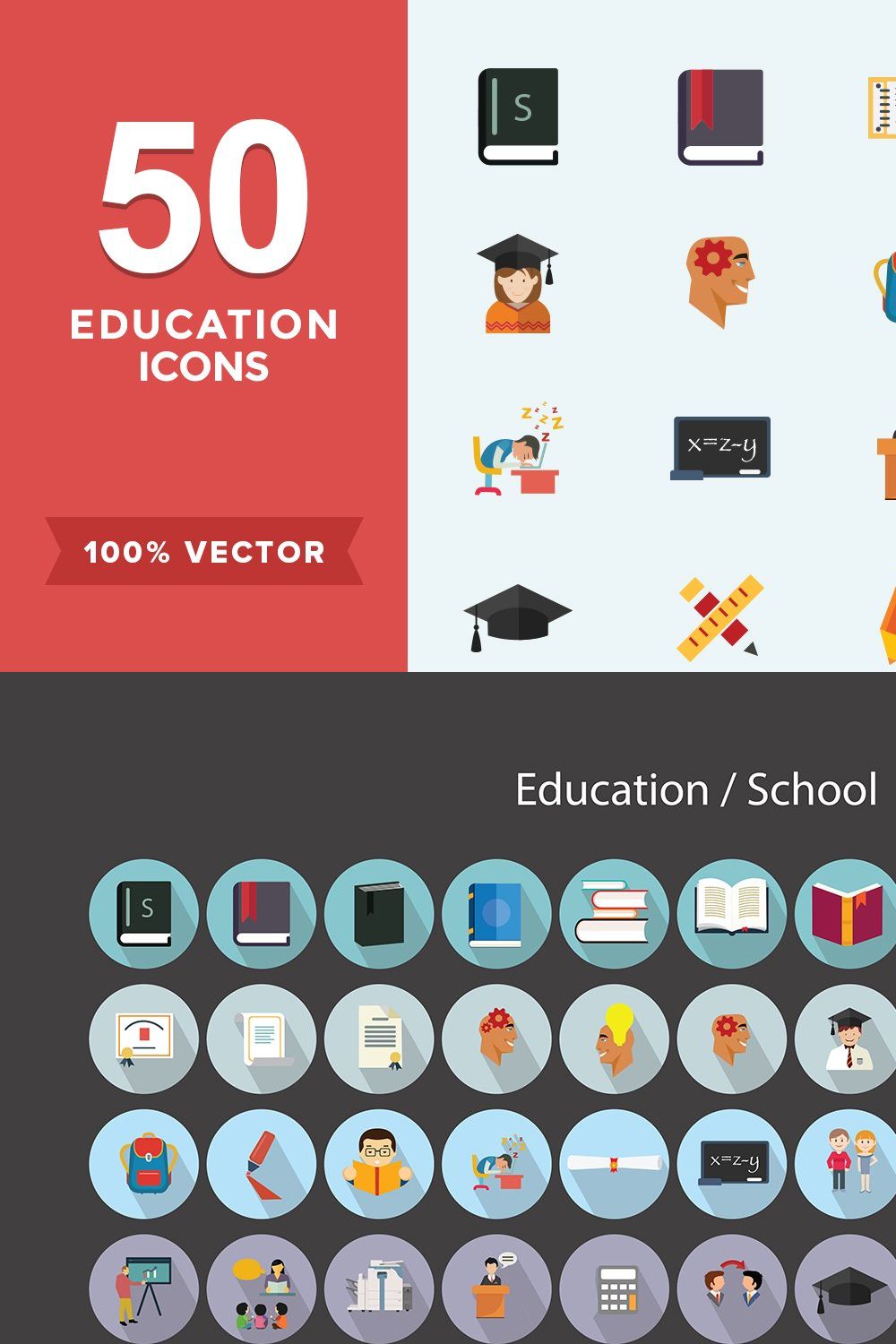 Flat Icons School-Education Set pinterest preview image.