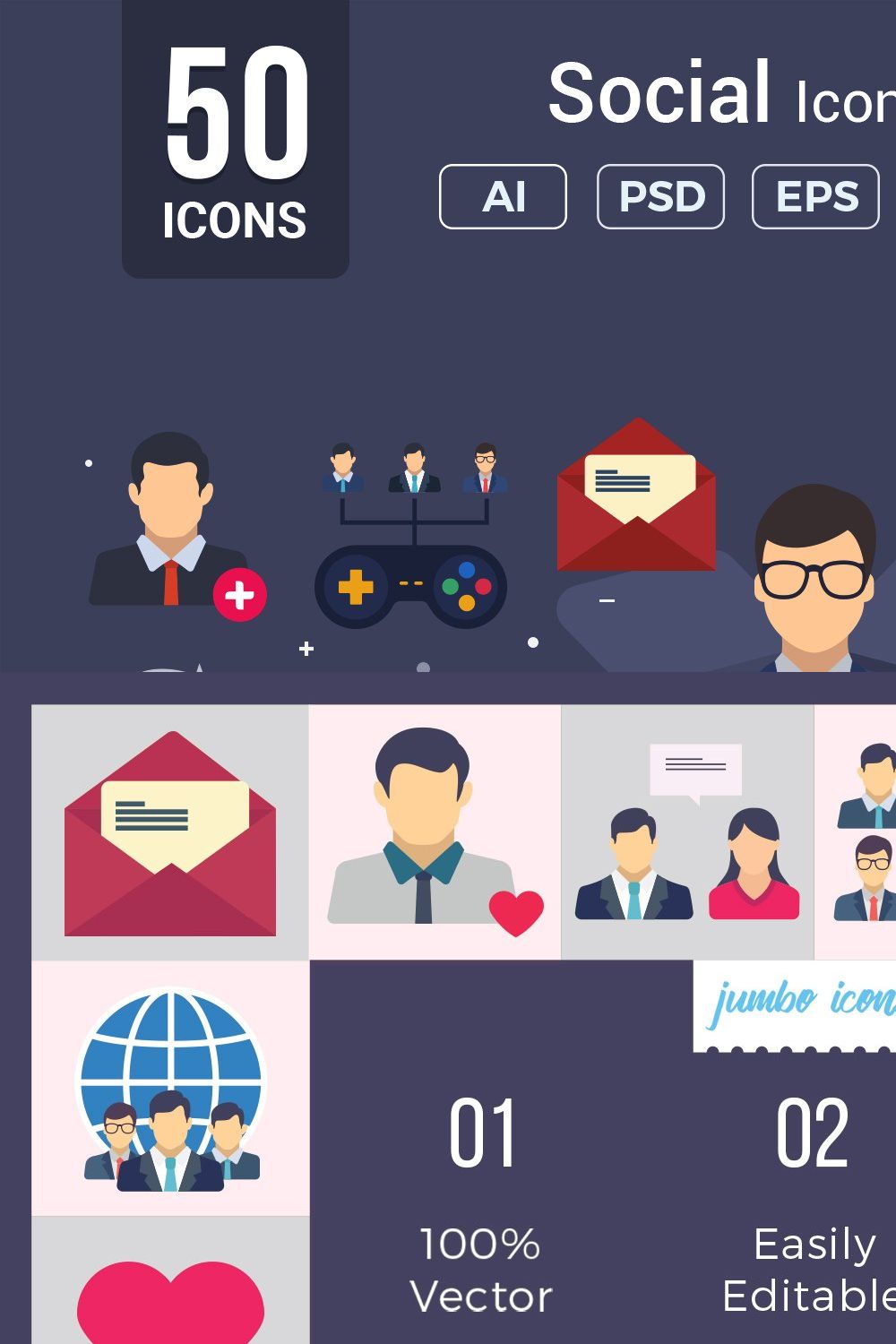 Flat Vector Icons Social Pack V2 pinterest preview image.