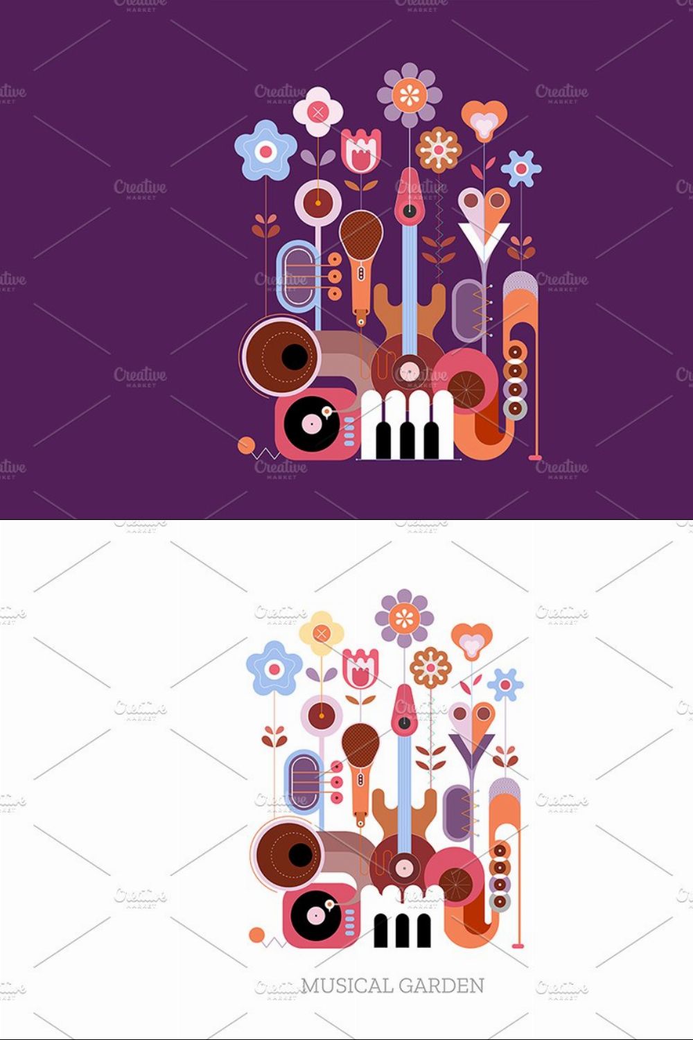 Flowers and Musical Instruments pinterest preview image.