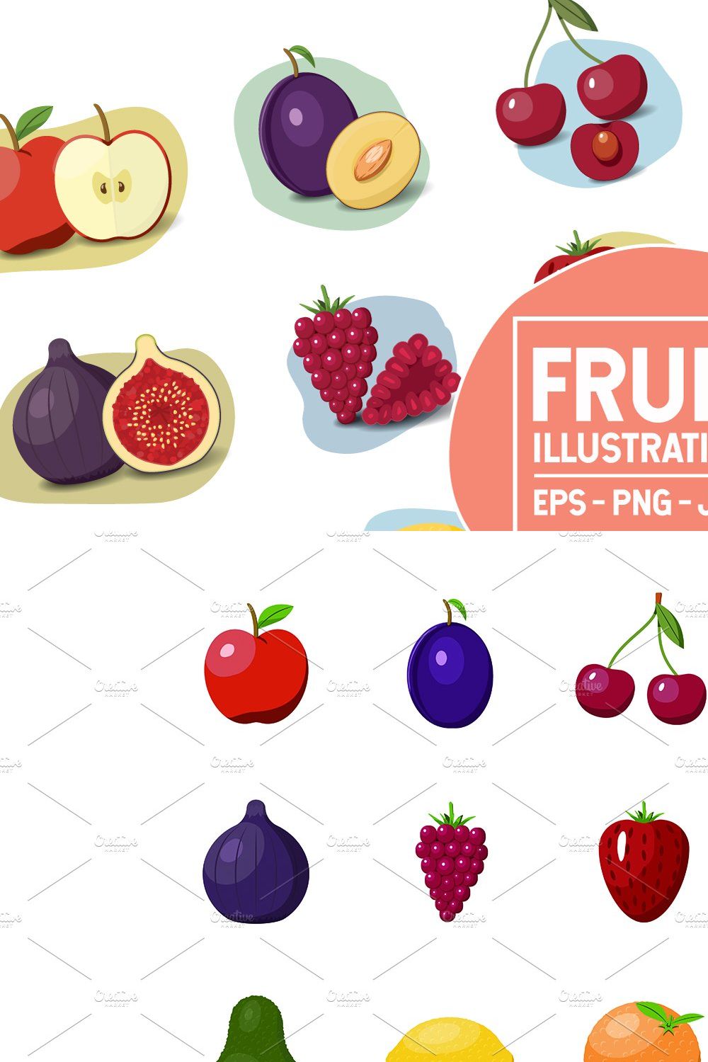 Fruit and berries illustration set. pinterest preview image.