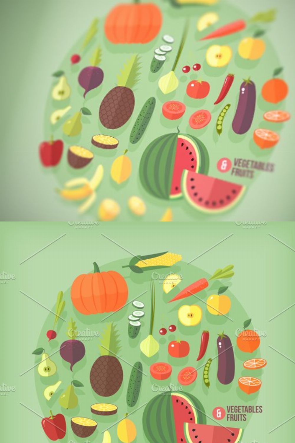 Fruits and vegetables flat icons set pinterest preview image.