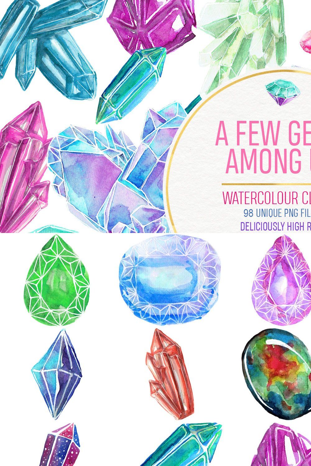 Gemstones: 98 Watercolor Clipart PNG pinterest preview image.
