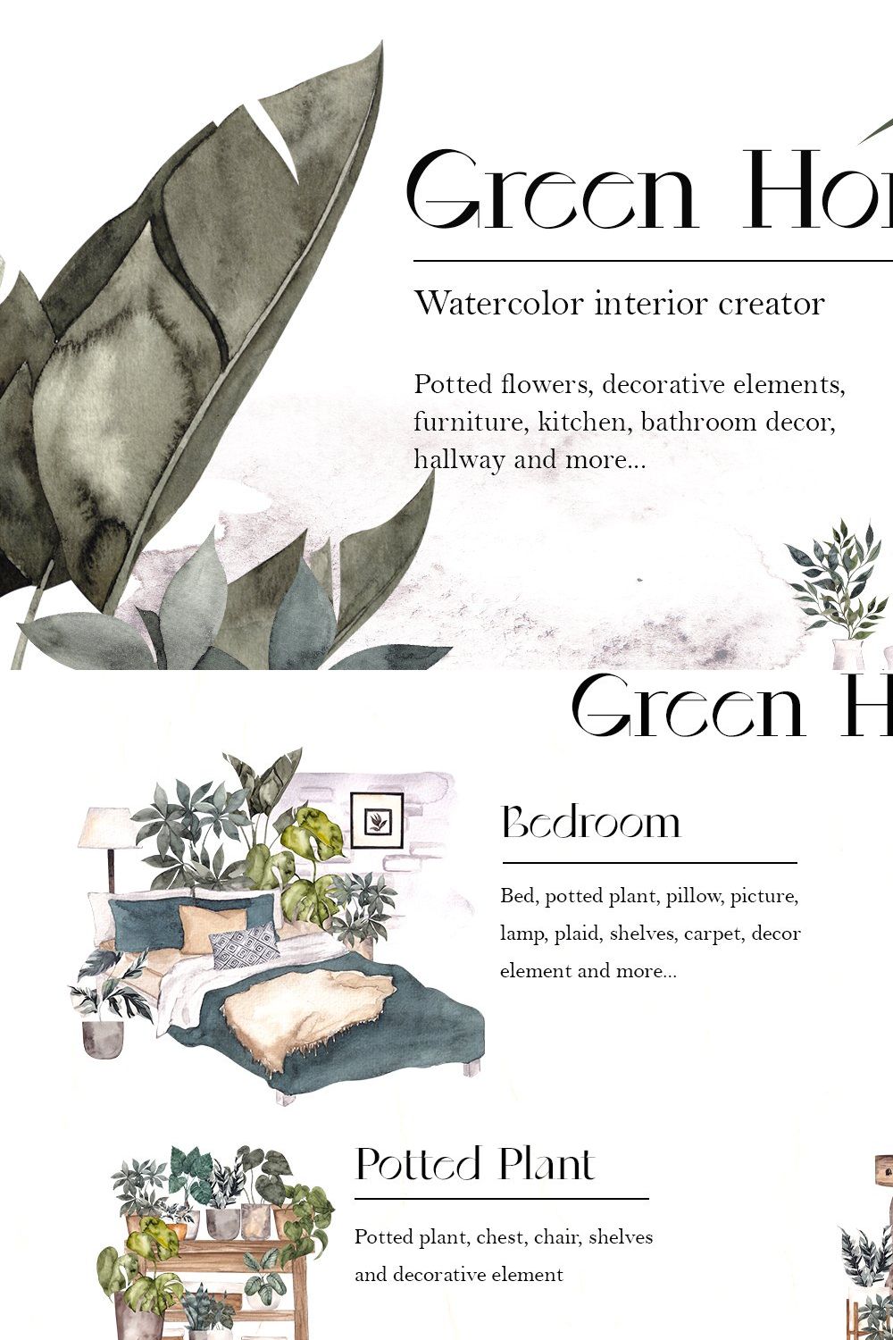 Green Home. Watercolor Interior. pinterest preview image.