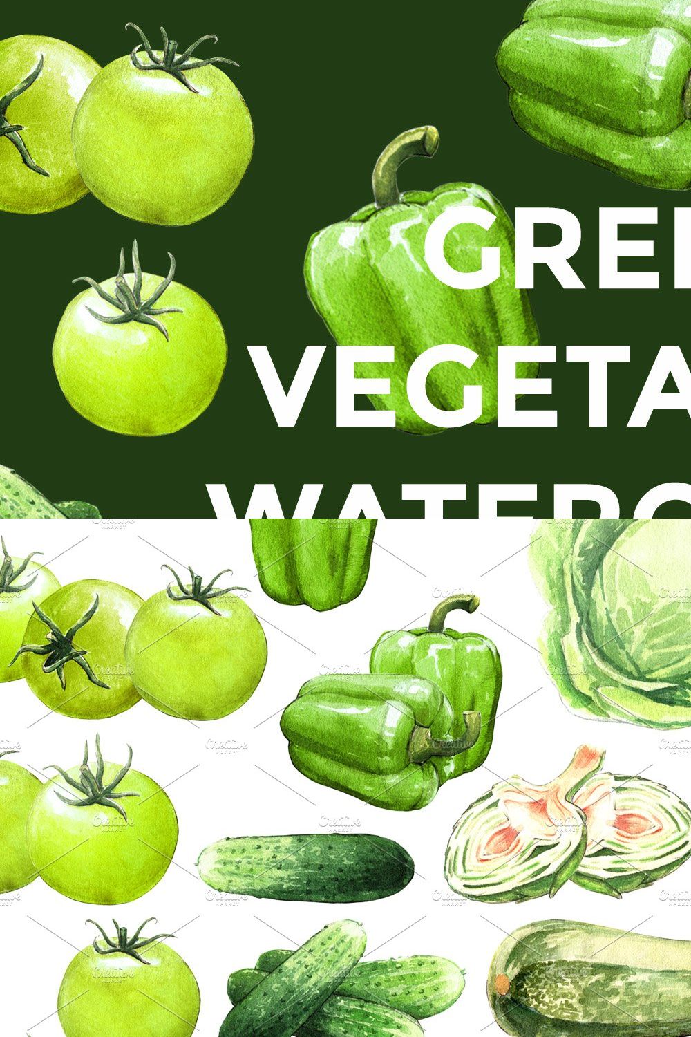 Green Vegetables watercolor big set pinterest preview image.