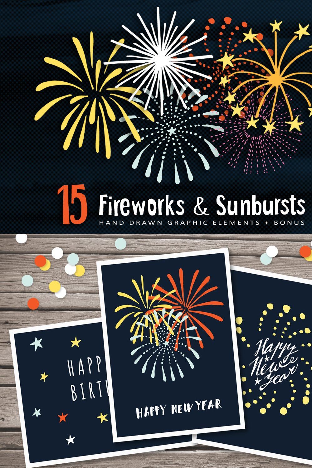Hand drawn Fireworks & Sunbursts set pinterest preview image.