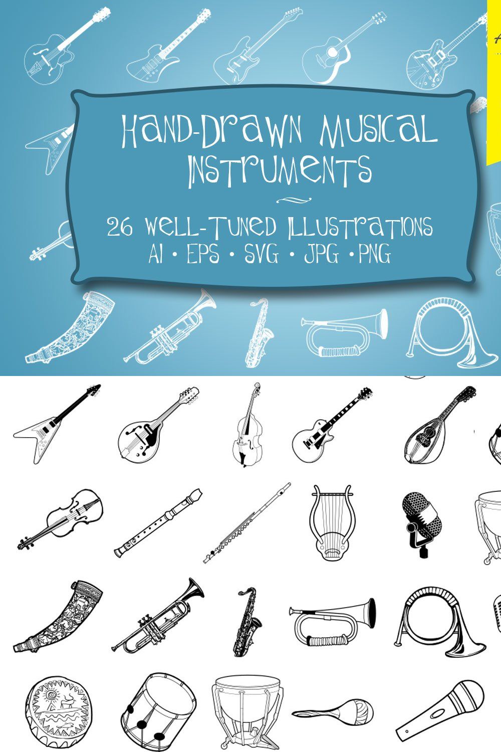 Hand Drawn Musical Instruments pinterest preview image.