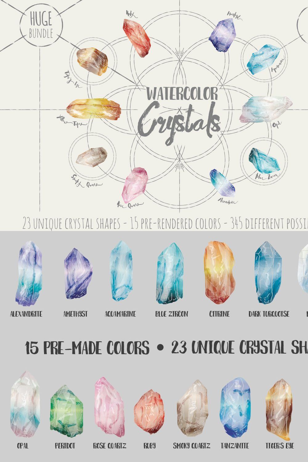 Hand Drawn Watercolor Crystals pinterest preview image.