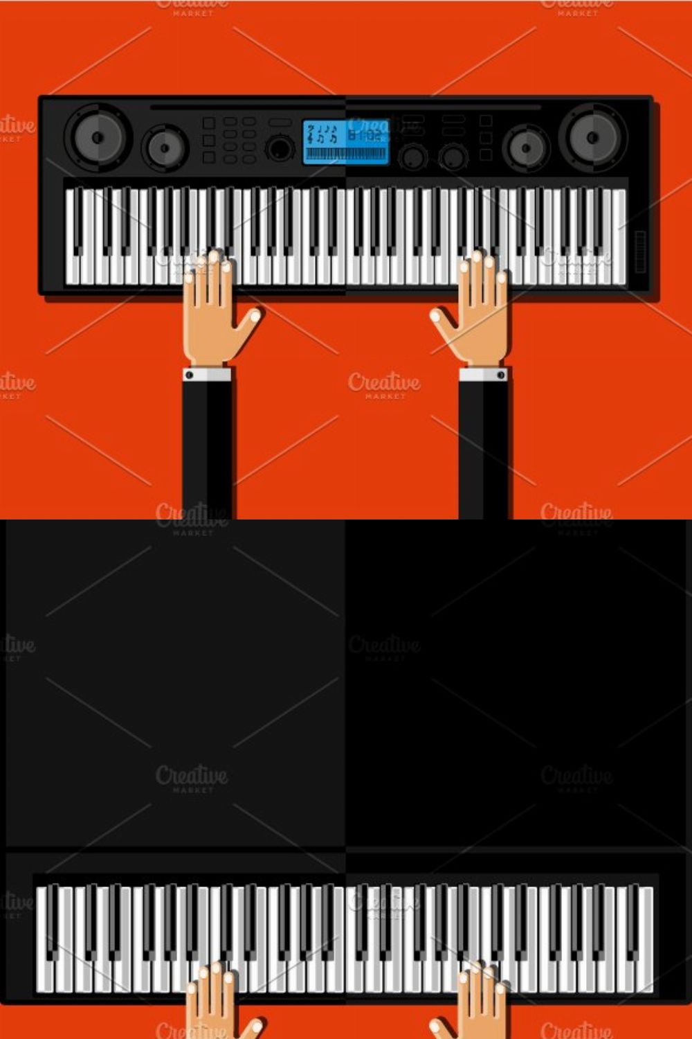 Hands playing the piano pinterest preview image.