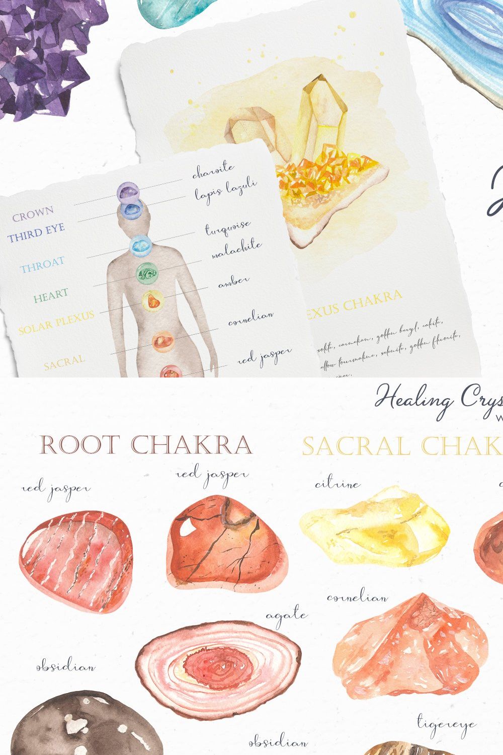Healing crystals watercolor pinterest preview image.