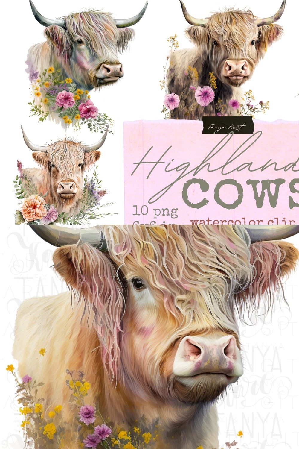 Highland Cow With Flowers Clip Art pinterest preview image.