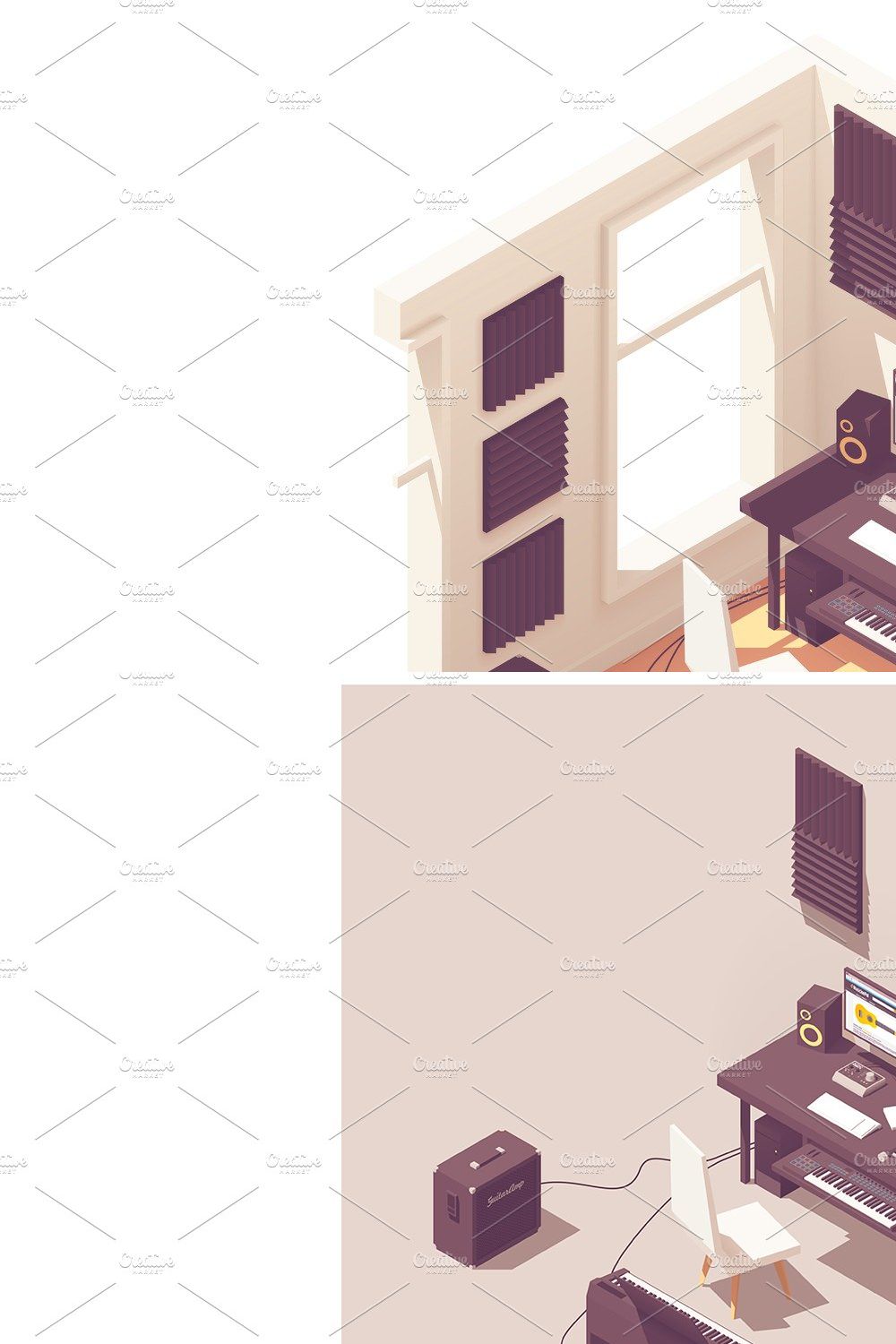 Isometric home recording studio pinterest preview image.