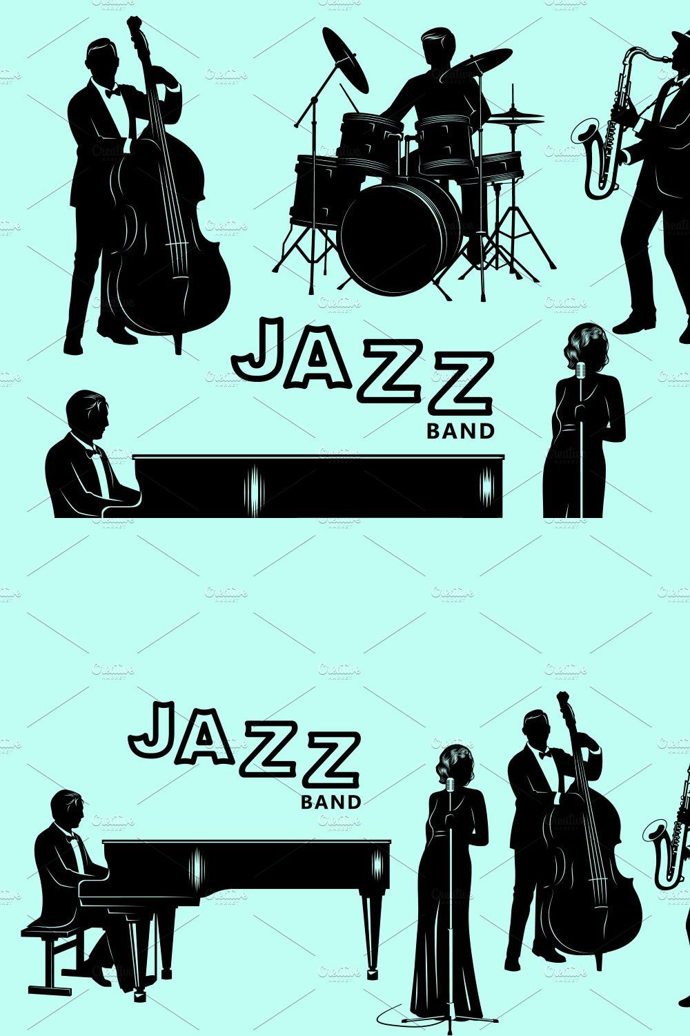 Jazz Band with Singer Silhouettes pinterest preview image.
