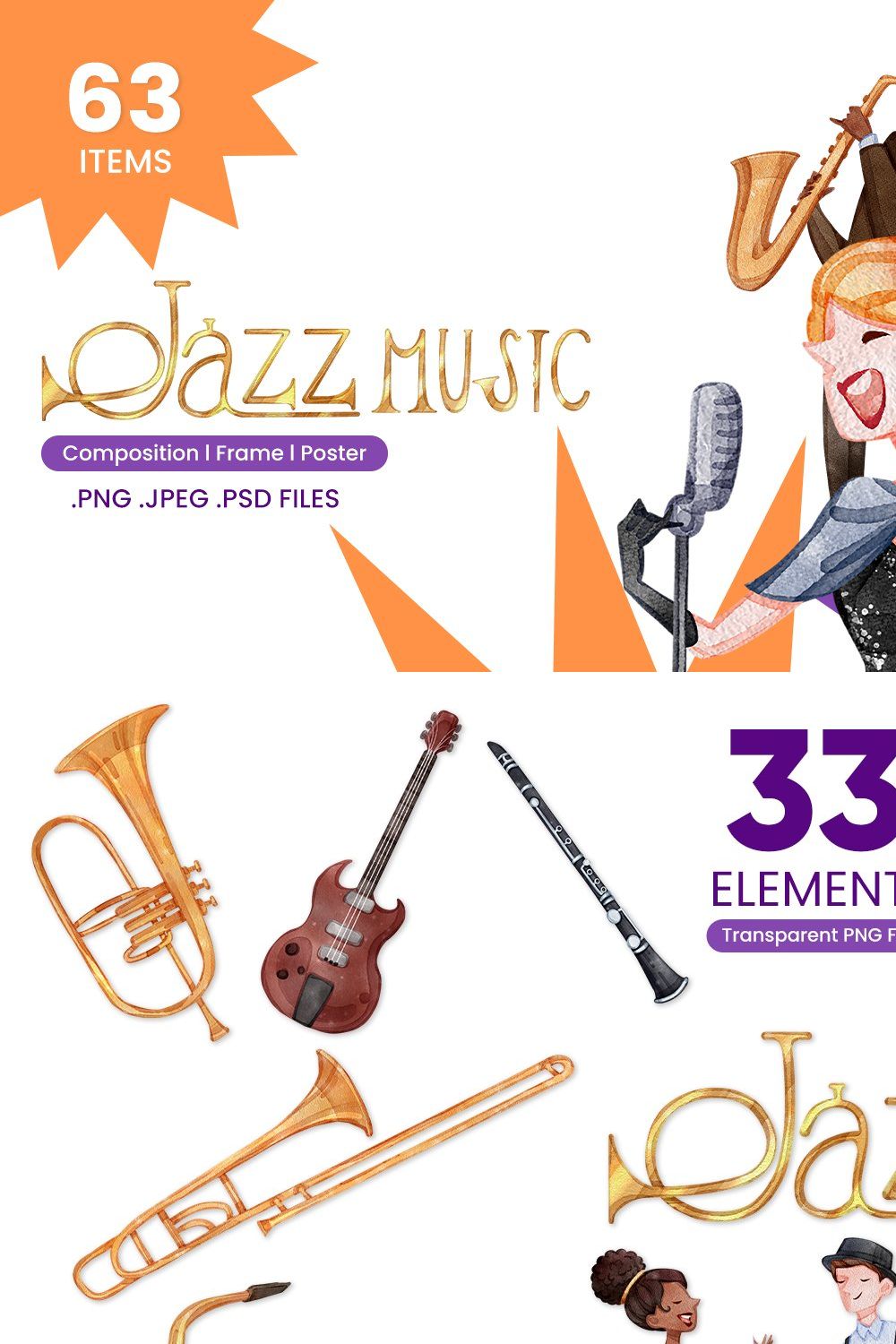 Jazz Music watercolr illustration pinterest preview image.