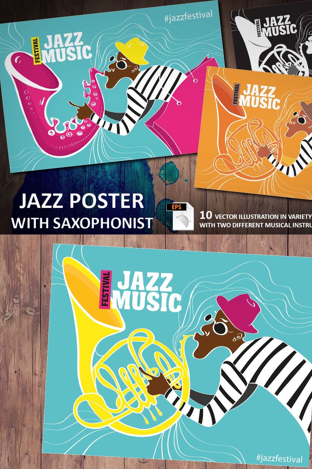 Jazz poster with saxophonist pinterest preview image.
