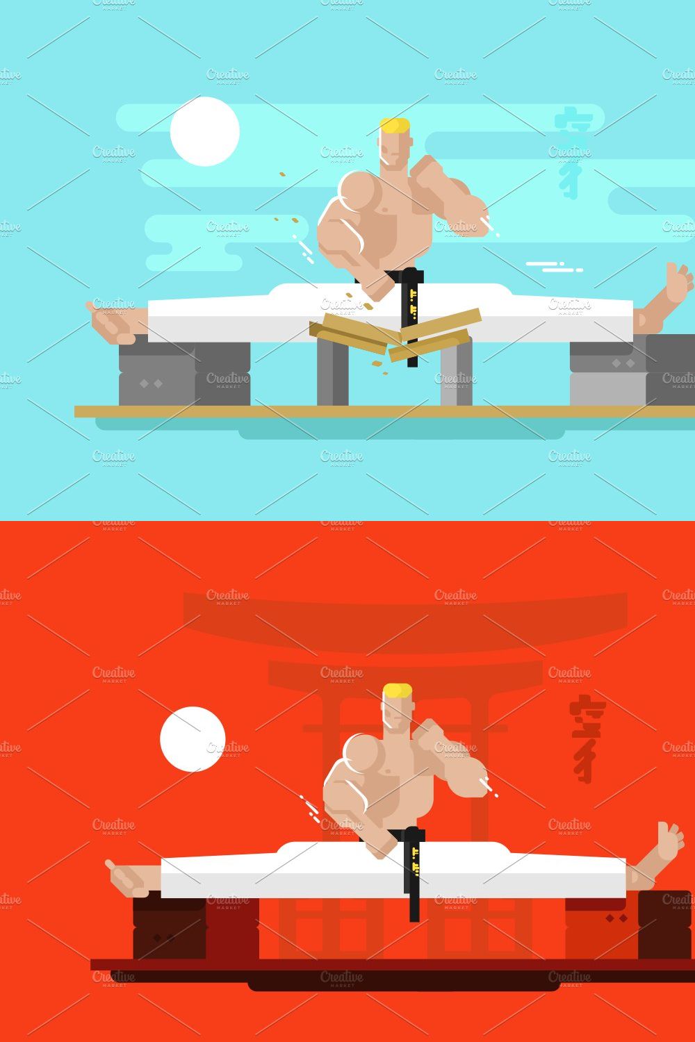 Karate character in the splits pinterest preview image.
