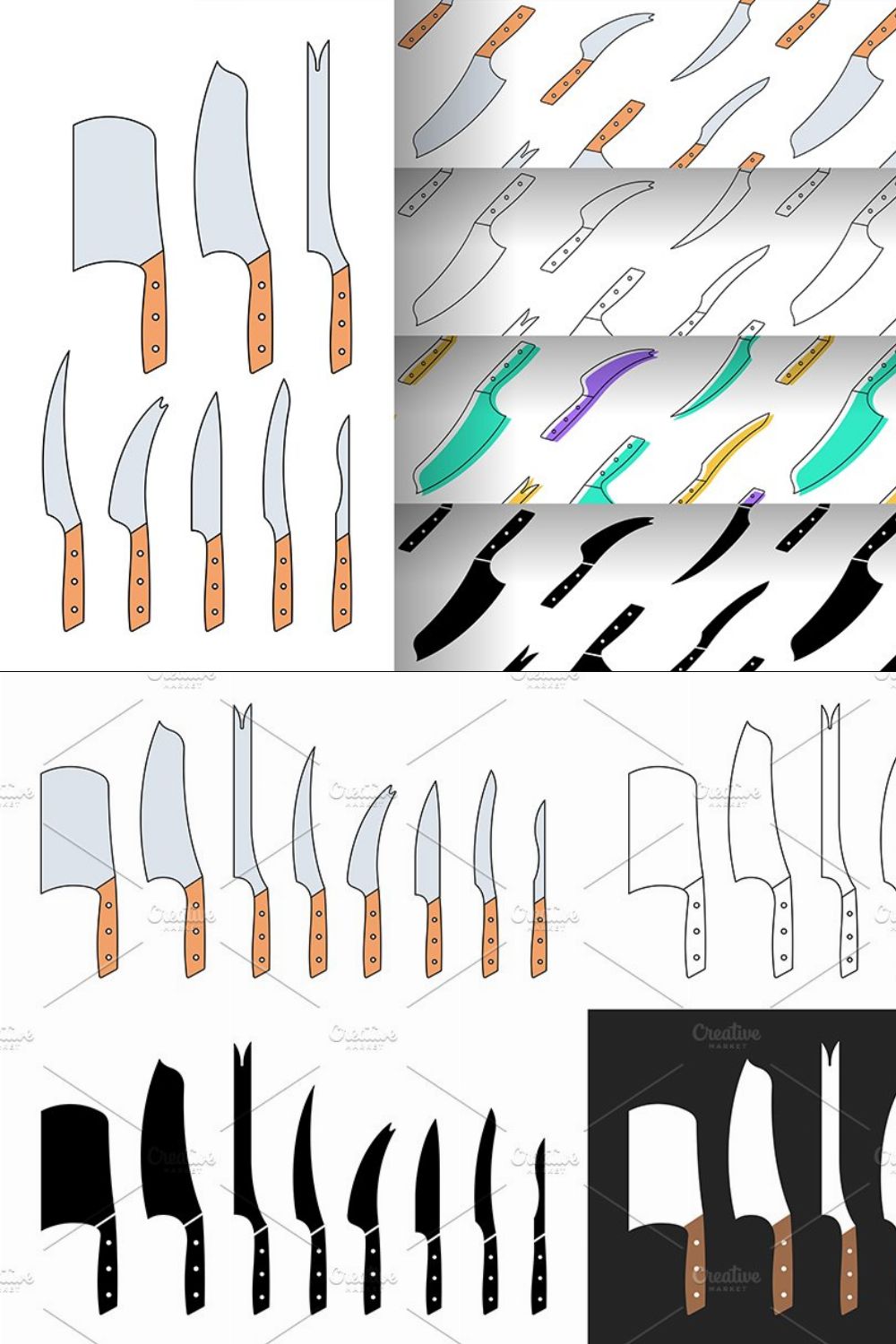 Kitchen knives Set + pattern pinterest preview image.