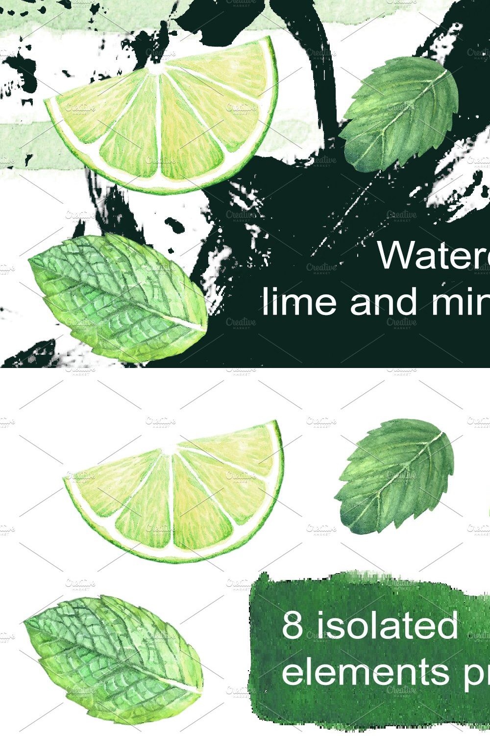 Lime and mint. Watercolor set. pinterest preview image.