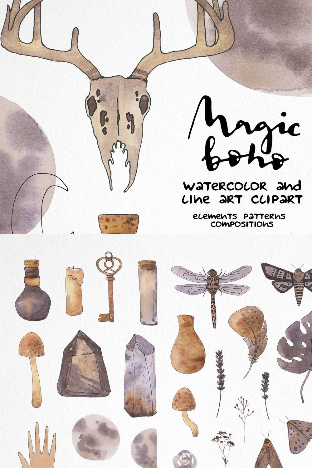 Magic boho watercolor clipart pinterest preview image.