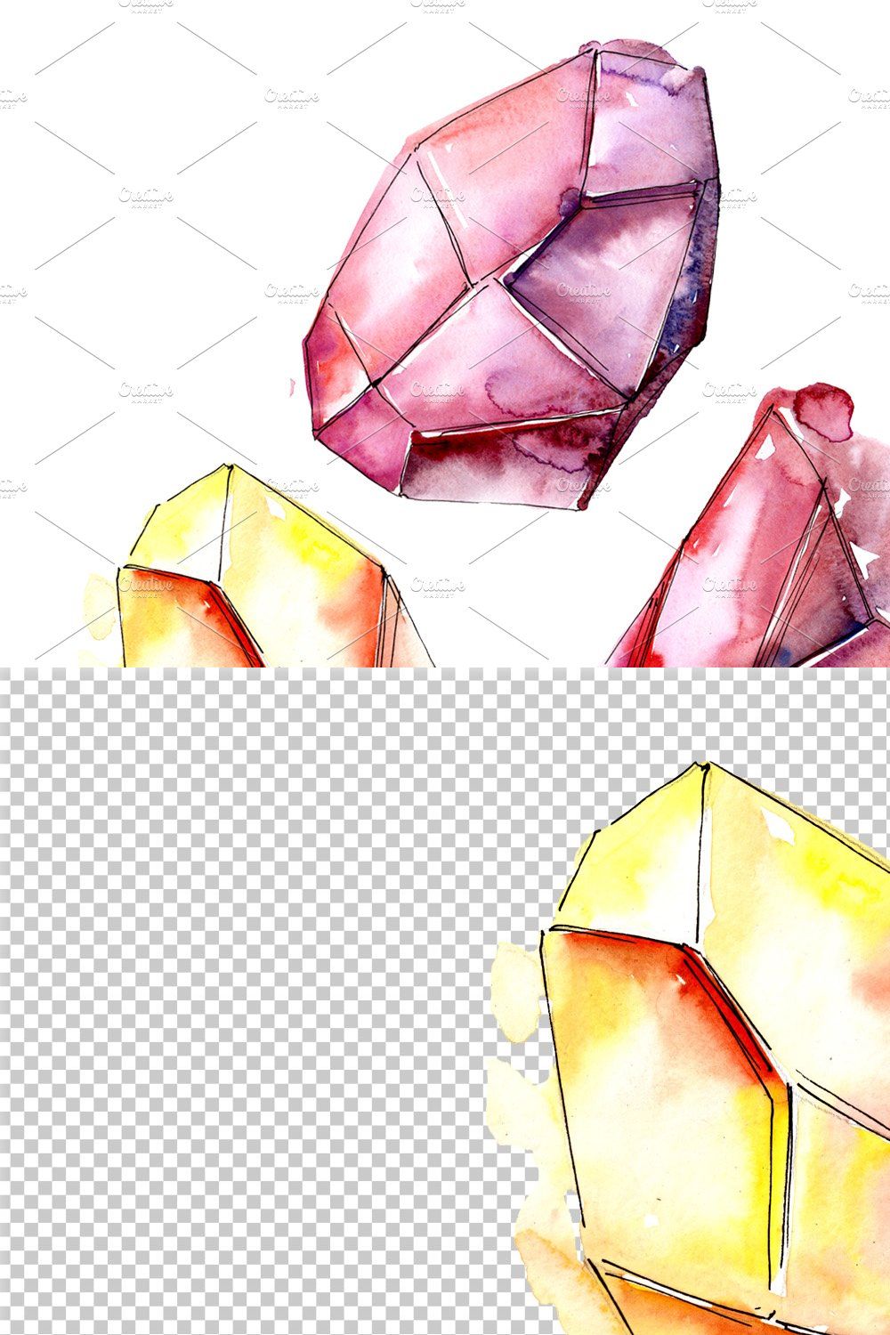 Magic crystals PNG watercolor set pinterest preview image.