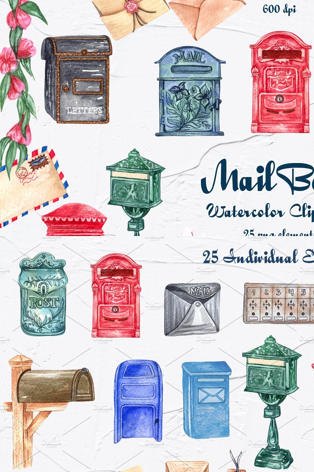 Mailbox Watercolor Clipart pinterest preview image.