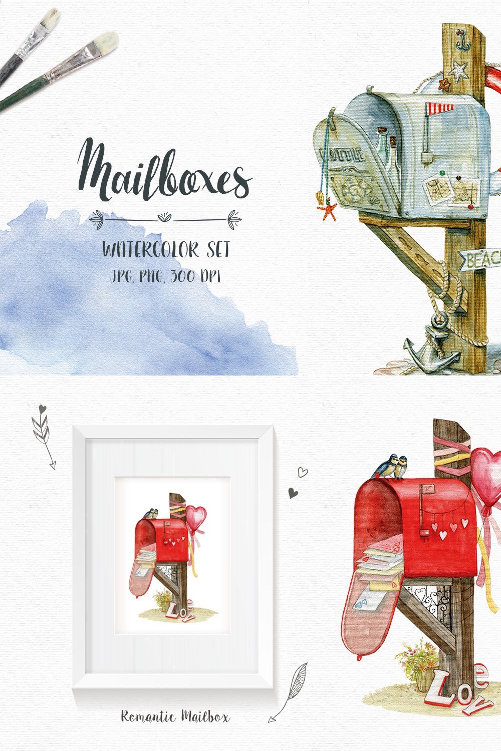 Mailboxes. Watercolor Hand drawn Set pinterest preview image.