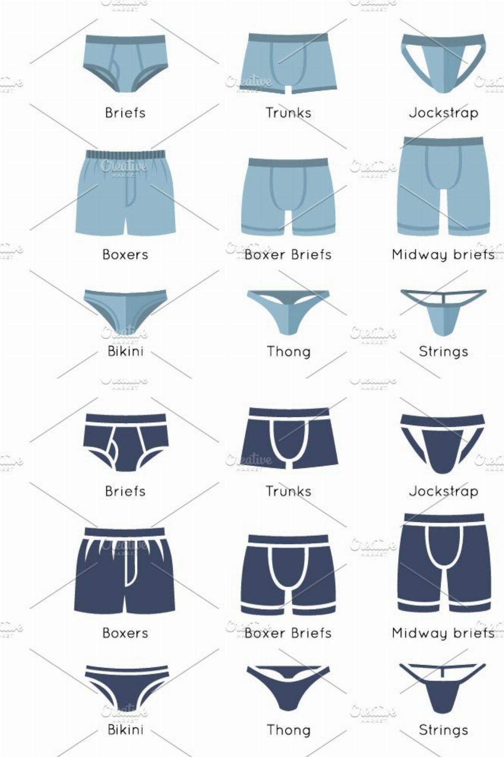 Male underwear types flat icons set