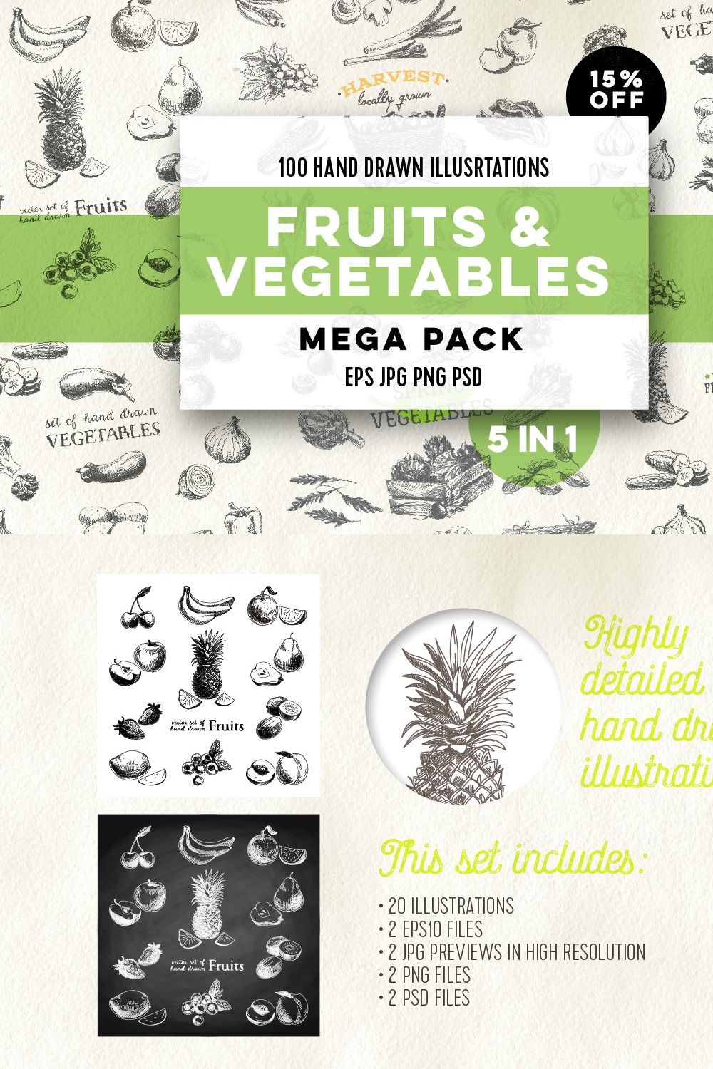 Mega pack. Fruits and vegetables. pinterest preview image.