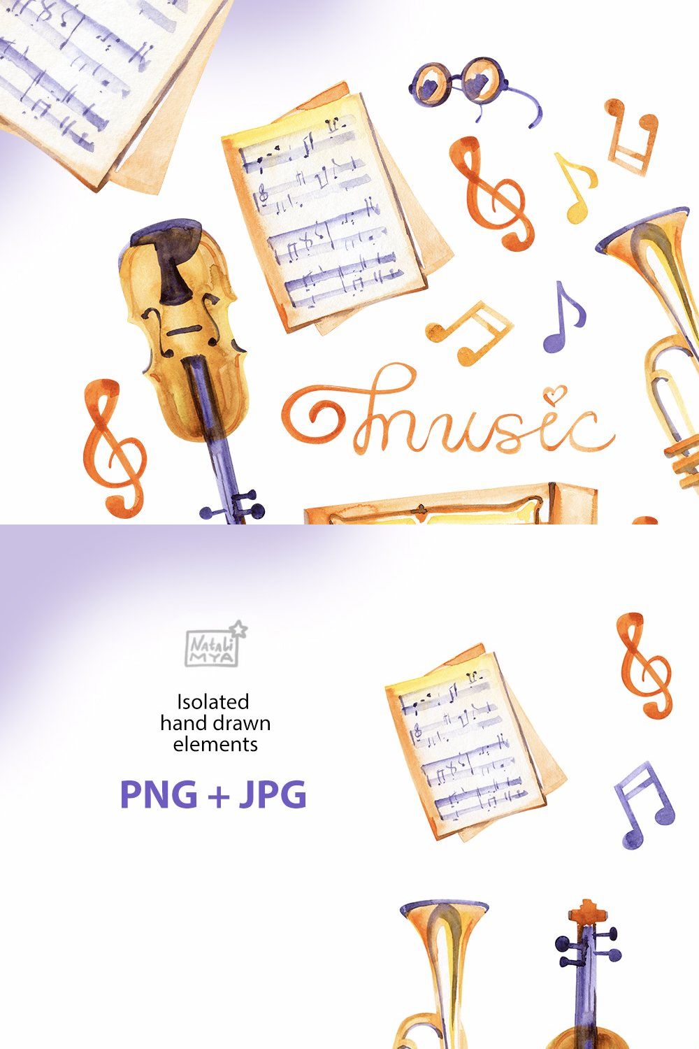 Music around - watercolor cliparts pinterest preview image.