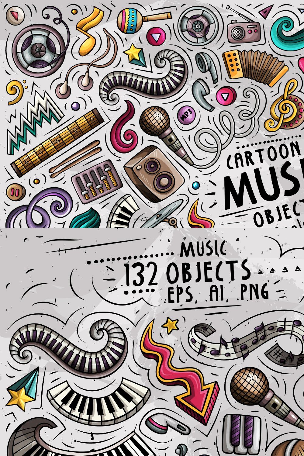 Music Cartoon Objects Set pinterest preview image.