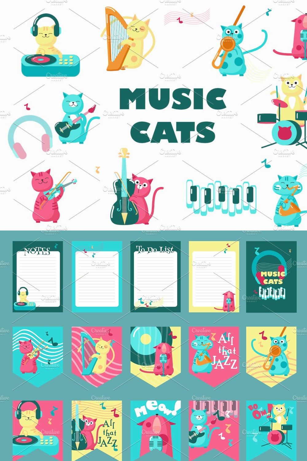 Music cats set and seamless patterns pinterest preview image.