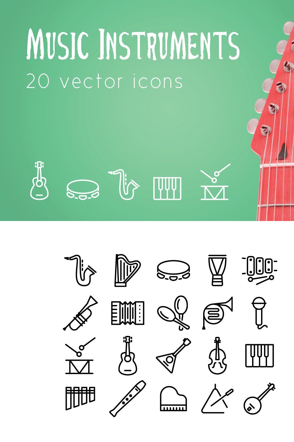 MUSIC INSTRUMENTS - vector line icon pinterest preview image.