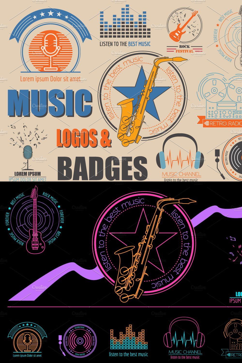 Music logos & badges pinterest preview image.